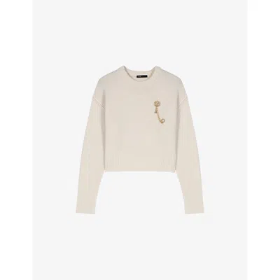 Maje Womens Ecru Boxy Floral-brooch Wool And Cashmere-blend Jumper In Neutral