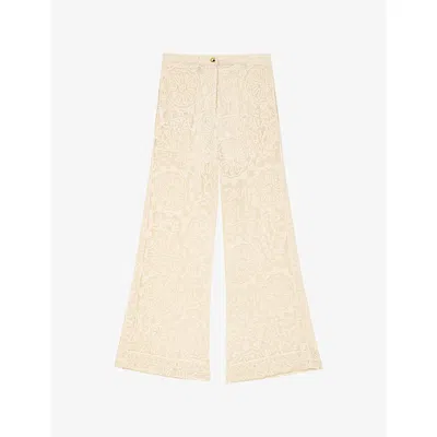 Maje Womens Ecru Flared Floral-guipure Cotton Trousers In Brown