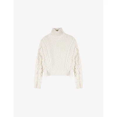 Maje Womens Ecru Fringed High-neck Wool-blend Jumper In Neutral