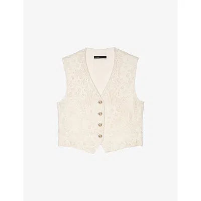 Maje Womens Ecru Lace-embroidered V-neck Stretch-woven Waistcoat