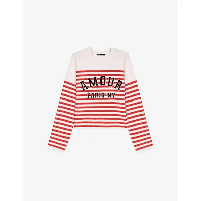 Maje Womens Ecru /red Striped Slogan-embroidered Knitted Jumper