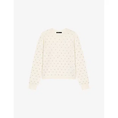 Maje Womens Ecru Rhinestone-embellished Cropped Wool-blend Jumper In White