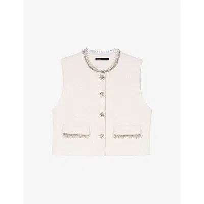 Maje Womens Ecru Sleeveless Bead-embellished Tweed Jacket In Neutral