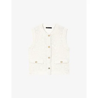 Maje Womens Ecru Sleeveless Floral-guipure Cotton Jacket In White