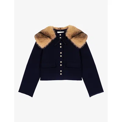 Maje Womens Faux Fur-collar Double-faced Wool-blend Coat Navy