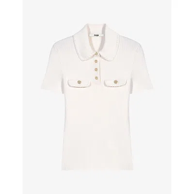 Maje Womens Flap-pocket Slim-fit Knitted Polo Shirt Ecru