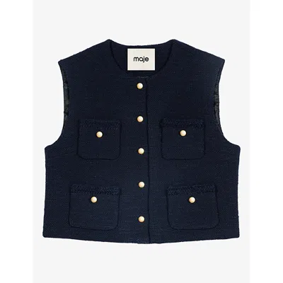 Maje Womens Four-pocket Sleeveless Tweed Jacket Navy