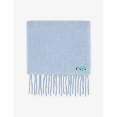 Maje Womens Fringed Logo-embroidered Wool And Alpaca Scarf Blue Sky
