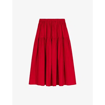 Maje Womens Gathered Tiered Stretch-cotton Midi Skirt In Red