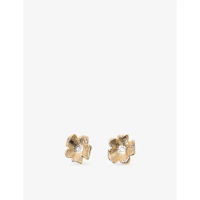 Maje Womens Gold Flower Brass And Crystal Stud Earrings