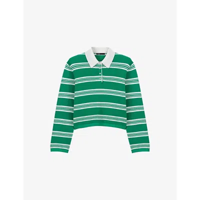 Maje Womens Green Striped Cropped Cotton-blend Polo Jumper In Multi