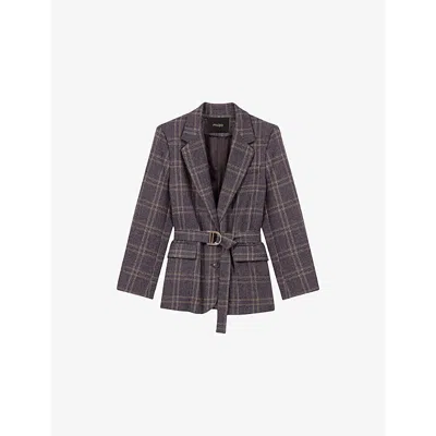 MAJE WOMENS GREY CHECKED BELTED-WAIST STRETCH-WOVEN BLAZER