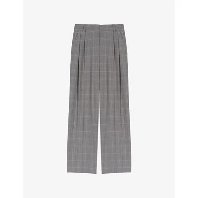 Maje Womens  Checked Straight-leg Stretch Wool-blend Trousers In Gray