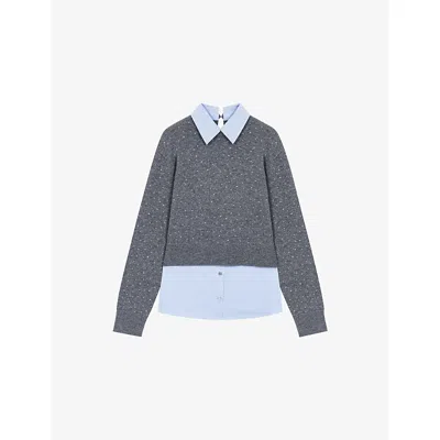 Maje Womens Grey Rhinestone-embellished Wool Jumper In Gray