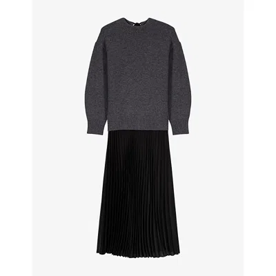 MAJE WOMENS GREY/BLACK TWO-IN-ONE WOOL AND CASHMERE-BLEND MAXI DRESS