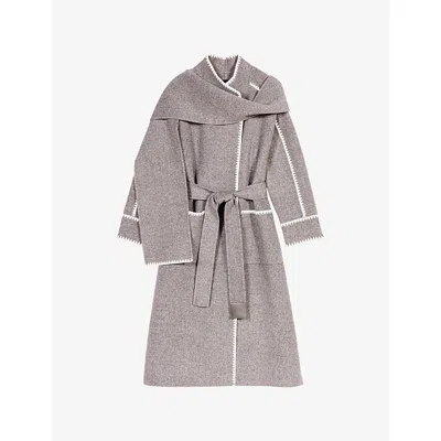 MAJE WOMENS GREY/WHITE INTEGRATED-SCARF DOUBLE-FACED WOOL-BLEND COAT