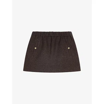 Maje Womens Herringbone Elasticated-waist Wool-blend Mini Skirt Dark Brown In Multi