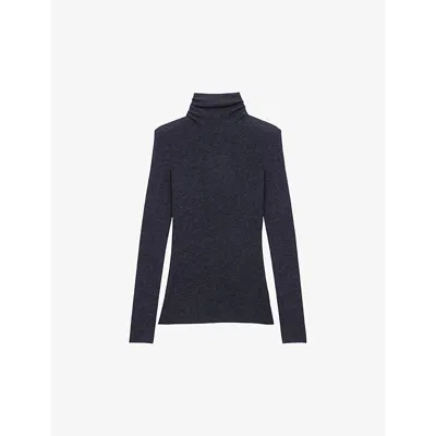 Maje Womens  High-neck Slim-fit Wool And Silk-blend Jumper In Noir / Gris