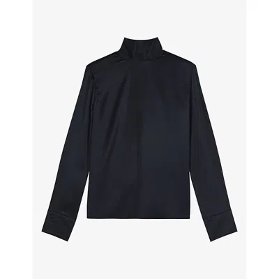 Maje Womens High-neck Long-sleeve Satin Top Navy In Black