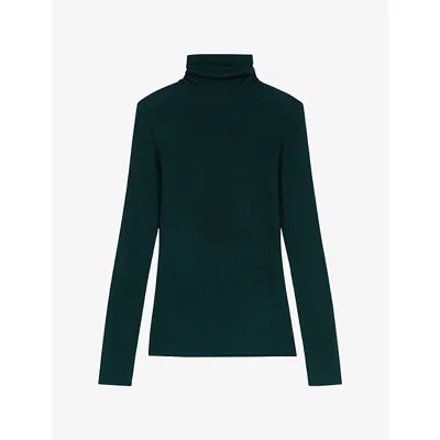 Maje Womens High-neck Slim-fit Wool And Silk Jumper Bottle Green