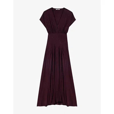 Maje Womens Jacquard V-neck Woven Maxi Dress Burgundy