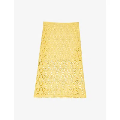 Maje Womens Jaunes / Oranges Openwork Slim-fit High-rise Crochet Midi Skirt