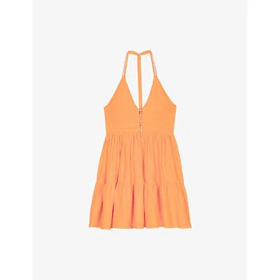 MAJE WOMENS JAUNES / ORANGES PEARL-BUTTON RUFFLE-SKIRT LINEN MINI DRESS