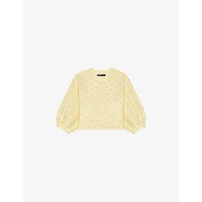 MAJE WOMENS JAUNES / ORANGES RHINESTONE-EMBELLISHED PUFF-SLEEVE KNITTED CARDIGAN