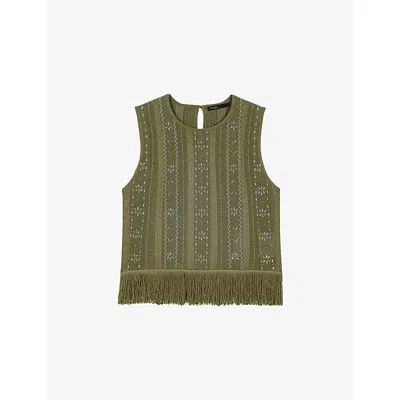 Maje Womens Khaki Fringed Rhinestone-embellished Woven Top In Multi
