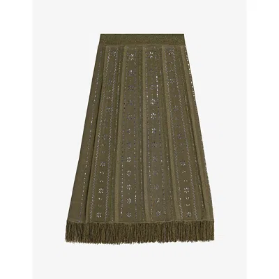 Maje Womens  High-rise Rhinestone-embellished Knitted Midi Skirt In Green