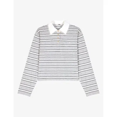 Maje Womens Lace-trim Striped Cotton-blend Polo Shirt Light Grey