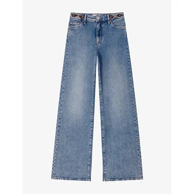 Maje Womens Leather-buckle Wide-leg High-rise Jeans Blue