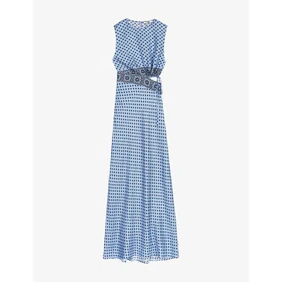 Maje Womens Light Blue Loungewear Cut-out Floral-pattern Silk Maxi Dress