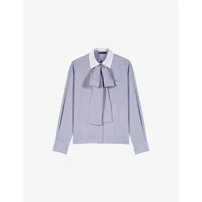 Maje Womens Pussy-bow Striped Cotton-blend Shirt Light Blue