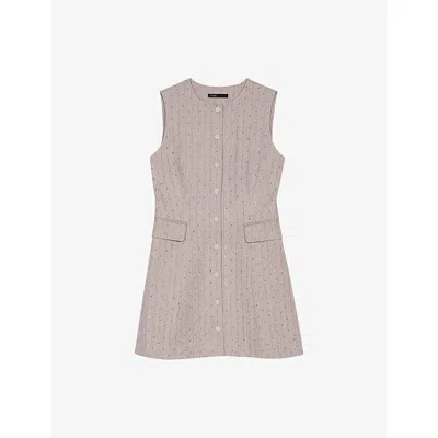 Maje Womens Light Grey Rhinestone-embellished Button-down Stretch-woven Suit Mini Dress In Brown