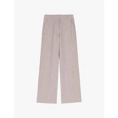 Maje Womens Light Grey Rhinestone-embellished Wide-leg Stretch-woven Trousers In Gray