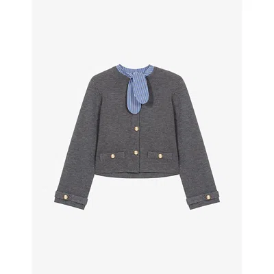 Maje Womens Light Grey Striped-collar Cropped Knitted Cardigan In Gray