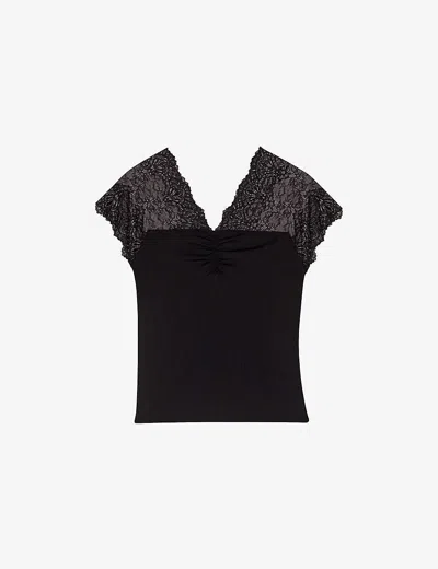MAJE WOMENS LILIONA LACE-PANEL STRETCH-WOVEN TOP NOIR / GRIS