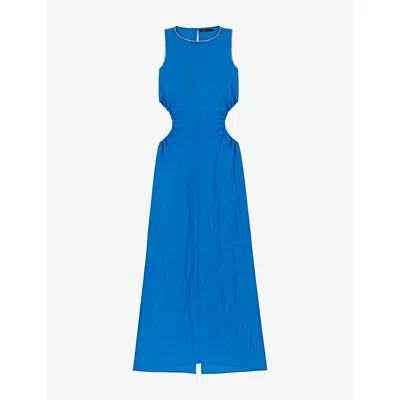 Maje Womens  Backless Round-neck Linen-blend Midi Dress In Blue