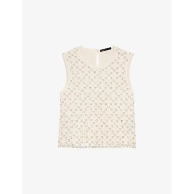 Maje Womens Bead-embellished Crochet-overlay Woven Top Blanc