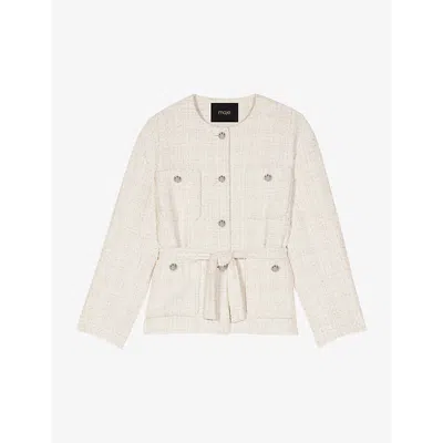 Maje Womens Blanc Belted Round-neck Tweed Blazer