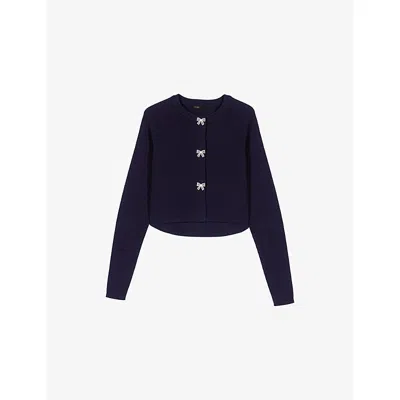 Maje Womens  Bow-button Round-neck Wool Cardigan In Blue
