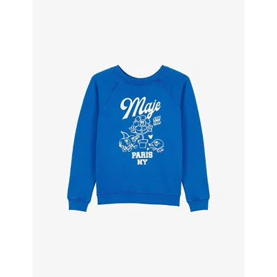 Maje Womens Branded-print Round-neck Cotton-blend Sweatshirt Bleus