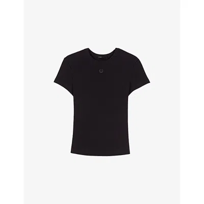 Maje Womens Black Brand-embroidered Ribbed Cotton-jersey T-shirt