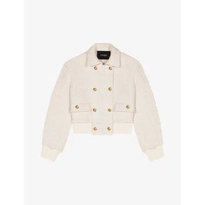 Maje Womens Button-down Ribbed-hem Tweed Jacket Blanc