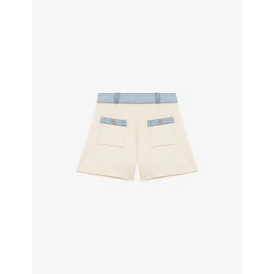 Maje Womens Button-embellished Contrast-trim Stretch-cotton And Denim Shorts Blanc