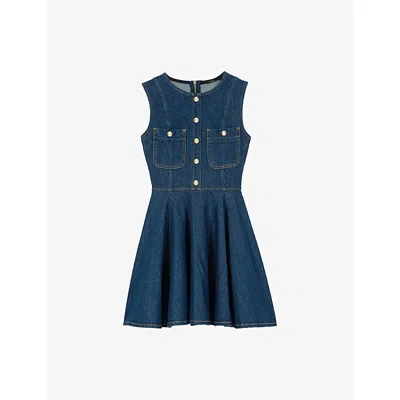 Maje Womens Navy Button-up Flared Denim Mini Dress In Blue