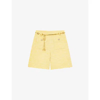Maje Womens Pale Yellow Chain-belt Side-pocket Tweed Shorts
