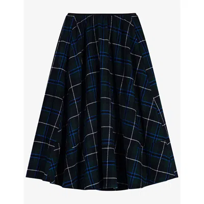 Maje Womens  Checked Elasticated-waist Wool-blend Midi Skirt In Bottle Green