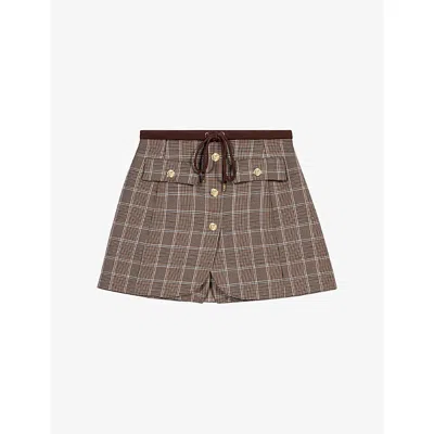 Maje Womens  Checked Layered-effect Cotton And Wool-blend Shorts In Brown